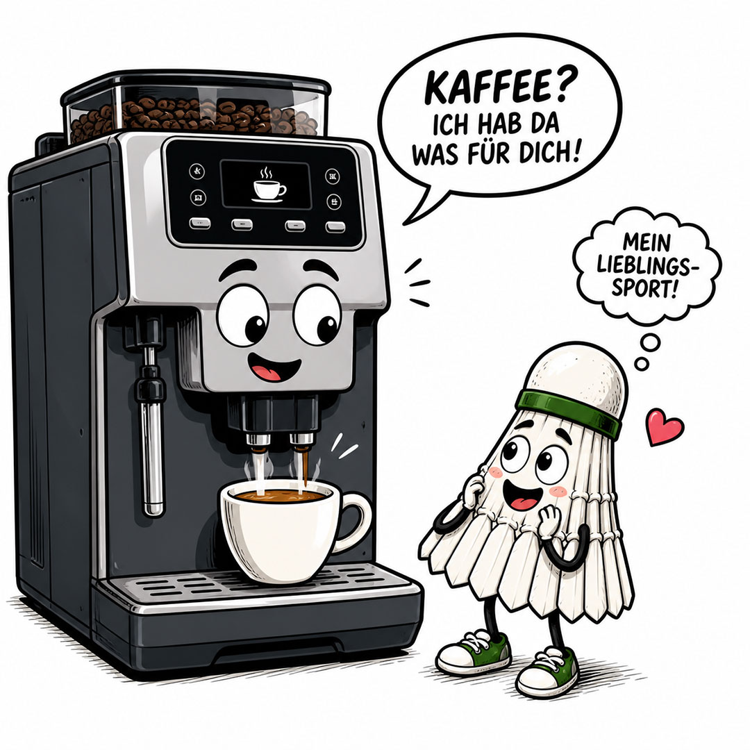 Auf dem Bild ist die Comicfigur eines Kaffeeautomaten und eines Federballes zu sehen.