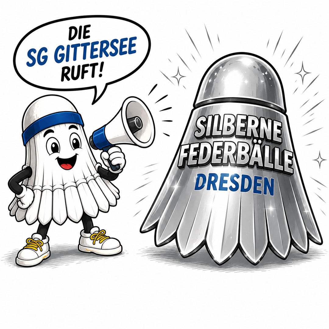 Hier ist eine Grafik die einen Federball mit einem Megafon zeigt und daneben einen großen Silbernen Federball.